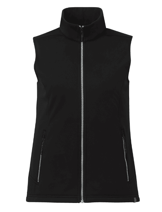 SwagDrop Women’s JORIS Eco Softshell Vest, in black, with a three-layer waterproof build and fleece lining for active fall outings.