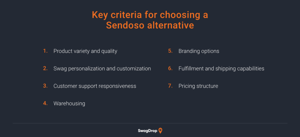 A graphic listing the key criteria for choosing a Sendoso alternative.