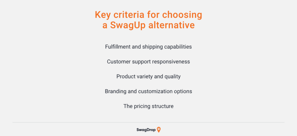 A graphic listing the key criteria for choosing a SwagUp alternative.