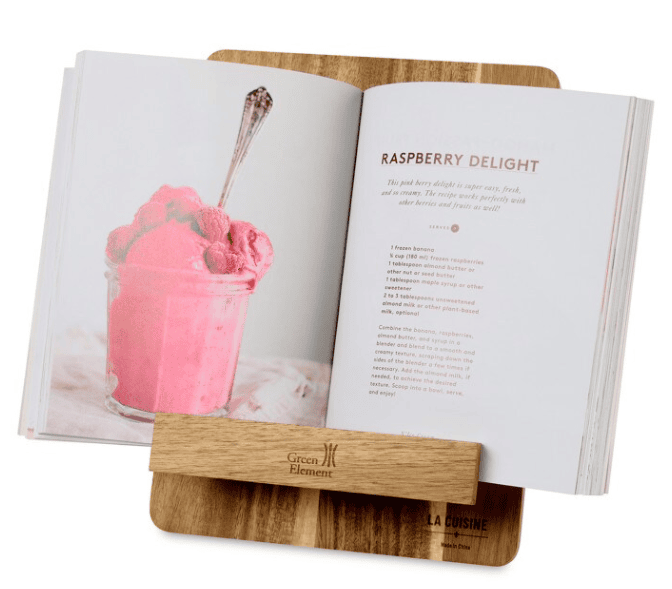 SwagDrop La Cuisine Recipe Holder, featuring a smooth acacia wood finish, well-suited for cookbooks or digital devices.