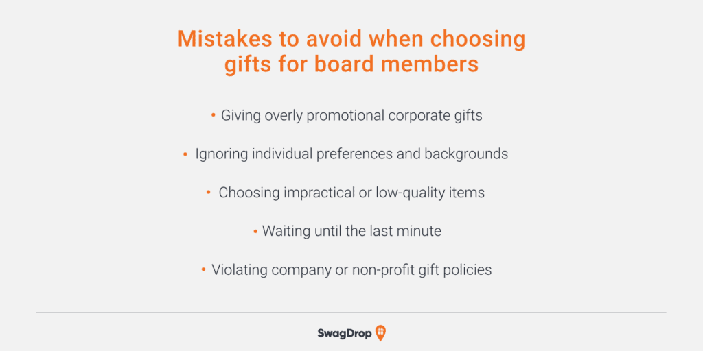 A graphic listing five mistakes to avoid when choosing gifts for board members.