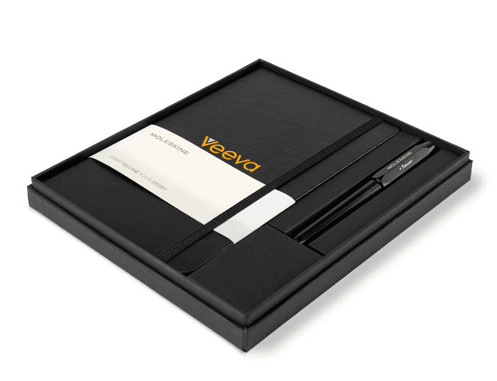 SwagDrop Moleskine Large Notebook and Kaweco Pen Gift Set, in black, ideal for notes and planning.