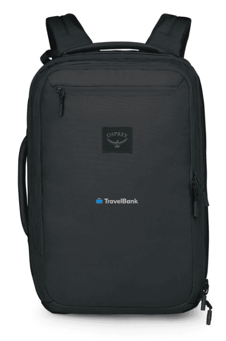 SwagDrop Osprey Aoede Briefpack, in black, offering a convertible design with tuckaway backpack straps and multiple zippered compartments.
