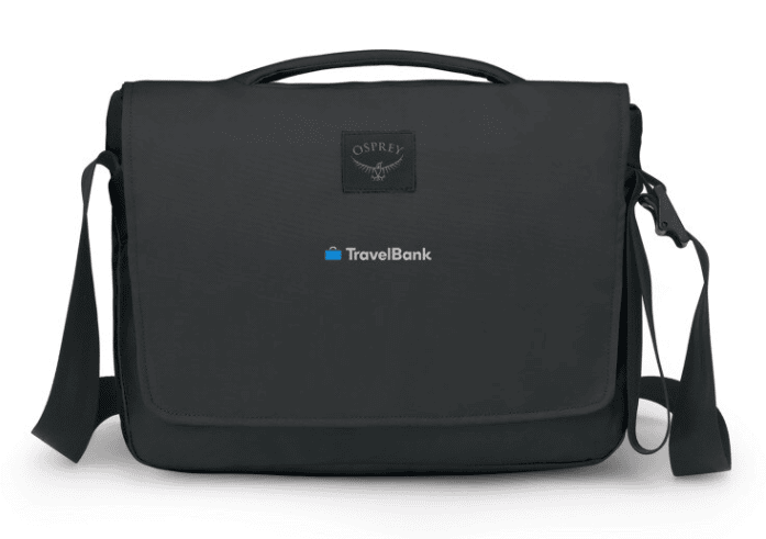 SwagDrop Osprey Aoede Messenger, in black, featuring a sleek, structured design with a zippered main compartment, ideal for executive travel.