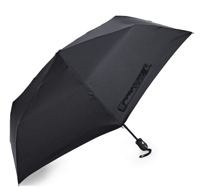 SwagDrop Samsonite Compact Auto Open/Close Umbrella, in black, folding into a compact shape for weather-ready portability.