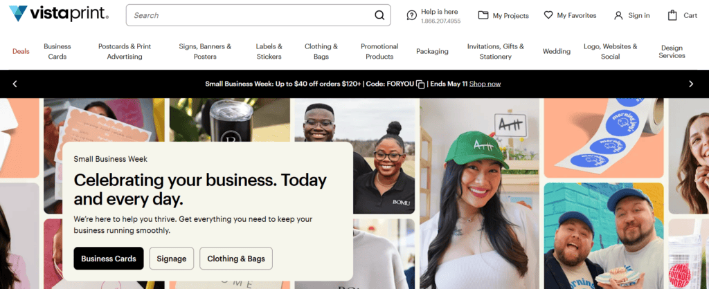 The Vistaprint homepage.