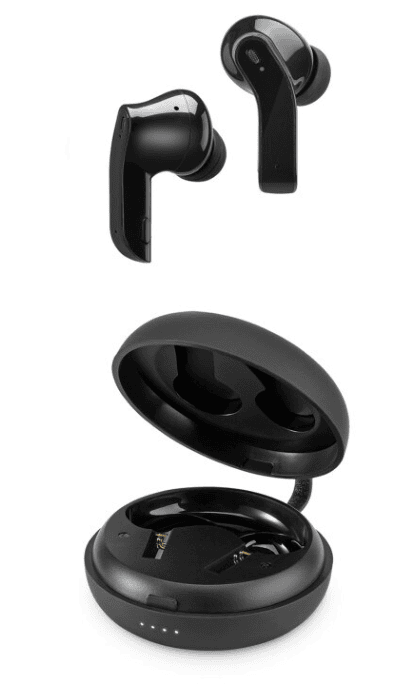 SwagDrop iLive Truly Wire-Free Earbuds with Active Noise Canceling, in black, including a compact case and silicone tips, designed for listening to music at work or on the move.