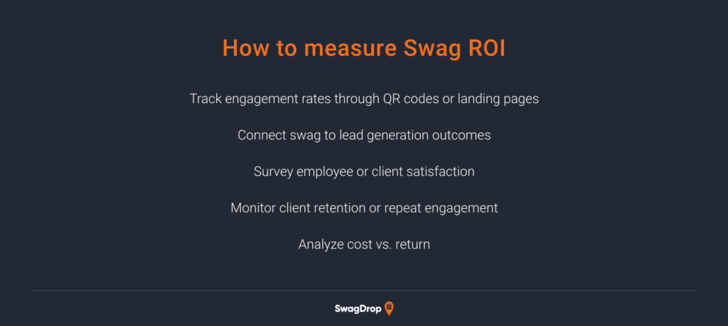 A graphic listing five ways to measure swag ROI.