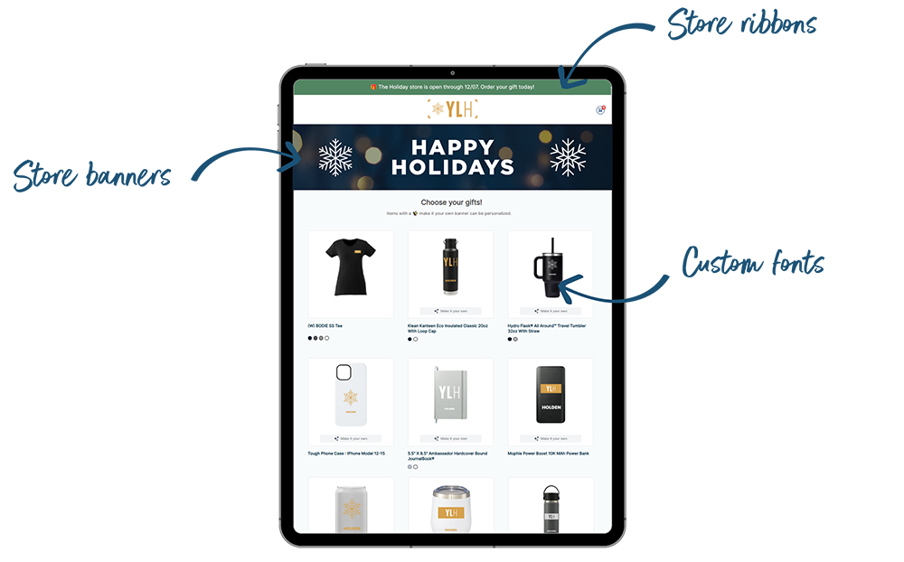 A tablet displaying a SwagDrop swag-on-demand shop created for the winter holidays.