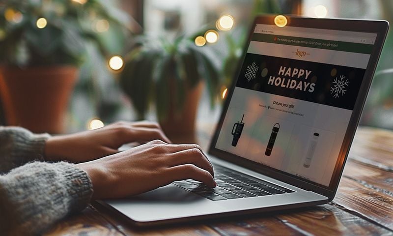 A person browsing a SwagDrop swag-on-demand holiday shop on a laptop.