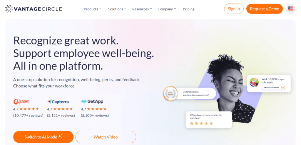 The Vantage Circle homepage.