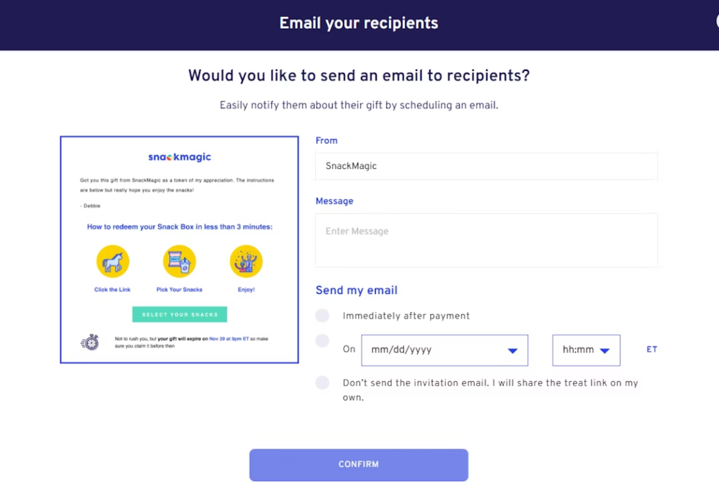 Screenshot of SnackMagic's email scheduling option.
