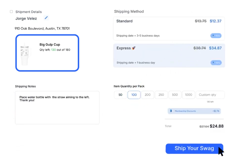 Screenshot of SwagUp's shipping dashboard.
