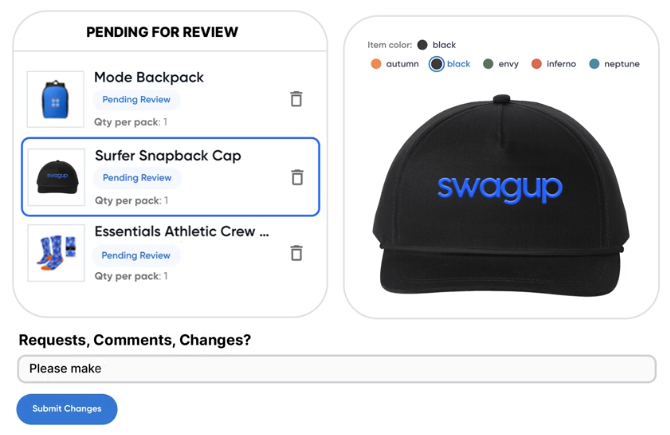Screenshot of SwagUp's design review dashboard.